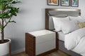 3D artwork rendering illustration / bedroom bed side table nightstand for light accessories placement / 3/4 front side top angle /