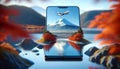 Smartphone Displaying 3D Mount Fuji and Lake with Autumn Foliage