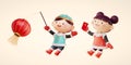 3d Asian children in retro costumes