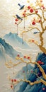 3D Asian painting of golden mountains and birds hanging on trees in paper carving style