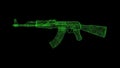 3D assault rifle AK47 on black bg. Object dissolved green flickering particles. Business advertising backdrop. Science Royalty Free Stock Photo