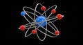 3D Atomic Model With Blue Nucleus And Red Electrons Orbiting On Black Background science Royalty Free Stock Photo