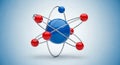 3D Atomic Model with Blue Nucleus and Red Electrons Orbiting science physics Royalty Free Stock Photo