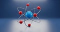 3D Atomic Model with Blue Nucleus and Red Orbiting Electrons on Blue Background science Royalty Free Stock Photo