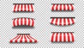 3d awning. Store roof or window canopy, red and white striped textile, food shop, farmers market or cafe tent. Building