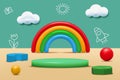 3D baby podium. Cute balls and colorful rainbow. Display or cylinder base. Children toys render. Chalk drawing. Minimal