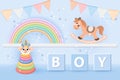 3D baby shower for boys. Children\'s toys rainbow, pyramid and rocking horse on a starry background. Game room background Royalty Free Stock Photo