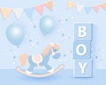 3D baby shower for boys. Children\'s toys, rocking horse and balloons on a starry background. Game room background Royalty Free Stock Photo