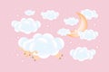3D baby shower. Sheep sleep on a cloud with a growing moon with clouds on a pink background. Children\'s design