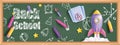 3D back to school background, chalkboard crayon doodle vector banner, online kids education, pencil.