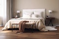 3d background bedroom wall beige sunlight floor parquet wooden leg steel black table dressing wood cushion pillow sheet cover