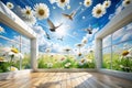 3D Background, Chamomiles, Blue Sky, and Pigeons. High-Definition 3D Background Will Visually Expand the Space in a Room, Bring Royalty Free Stock Photo
