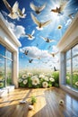 3D Background, Chamomiles, Blue Sky, and Pigeons. High-Definition 3D Background Will Visually Expand the Space in a Room, Bring Royalty Free Stock Photo