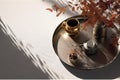 3d background drink food relaxation calm space shadow leaf sunlight tablecloth bouquet brown tray gray teacup teapot brass