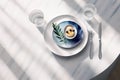 3d background drink food shadow leaf sunlight water glass napkin stripe blue fork knife plate ceramic white blueberry pancake