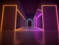 3d background empty room islam temple. Spotlight, colorful neon light, reflection on tiles. Laser lines, shapes, smog Royalty Free Stock Photo