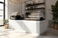 3d background floor cement wall wainscot white window sunlight plants shelf cabinet fridge splay cake machine espresso counter