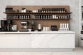 3d background interior board menu drink panel wood corrugated wall beige cupboard shelf pot moka coffee grinder sink top marble