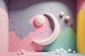 3d background with pastel colored wall with moon and stars, generative ai illustration Royalty Free Stock Photo