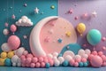3d background with pastel colored wall with moon and stars, generative ai illustration Royalty Free Stock Photo