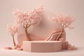 3D background, pink podium display. Sakura pink flower tree branch shadow. Cosmetic or beauty product promotion Royalty Free Stock Photo