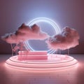 3d background platform with sky, cloud and round or circle window shape. Realistic 3d podium with little tree Royalty Free Stock Photo