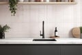 3d background product cooking design interior home sunlight splashback tile square white vase wooden plant faucet black sink