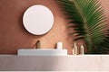 3d background product toiletries skincare beauty wall cement matte brown shadow leaf sunlight tree palm bamboo tropical green