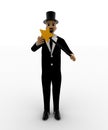 3d bald head man act as magician wearing black hat and holding magic stick