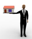 3d bald head man holding small house model in hand Royalty Free Stock Photo