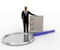 3d bald head man standing with checklist and big magnifying glass Royalty Free Stock Photo