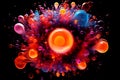 3d ball in explosion process based on small ball spheres or bubbles particles in orange red purple and blue gradient color