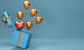 3D Balloons And Confetti Popping Out From Gift Box On Blue Background