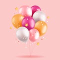 3d balloons, realistic colorful bunch of pink and yellow air balloons, stars and confetti on pink background. Birthday Royalty Free Stock Photo