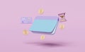 3d bank account book, passbook with money dollar coin, credit card, hourglass isolated on pink background. saving money, financial