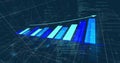 3D bar chart rising in analytics hub, with trend arrow, code snippets, binary digits, grid lines Royalty Free Stock Photo