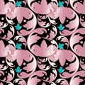 3d Baroque damask seamless pattern. Black floral vector background wallpaper fabric with vintage pink blue 3d flowers, scroll Royalty Free Stock Photo