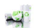 3d Batteries with recycling symbol and earth globe