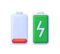 3D Battery charge indicator. Battery charge from low to high. Discharged and charged battery