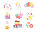 Vector collection of birthday party decor elements - confetti, hat, magic wand, bd cake, candy, balloons, gifts isolated. Royalty Free Stock Photo