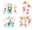 Vector collection of birthday party kids, decor idea elements isolated on white background - balloons, candy, rocket, garland. Royalty Free Stock Photo