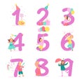 Vector collection of birthday party numbers with happy kid characters celebrating and party hats, gifts, candy, pinata, decor elem