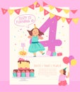 Vector invitation design template for birthday party with bd cake, garlands, candy, gifts, balloons, big 4 and happy girls charac Royalty Free Stock Photo