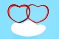 3d be my valentine day card illustration of two connected red hearts with copy space photo frame on cloud in sky