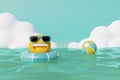 3d beach ball floating in the sea with yellow smiley character wearing sunglasses.. summer travel concept. 3d rendering