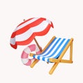 3d Beach chairs and umbrellas with swimming ring. summer vacation and holidays concept. icon isolated on white Royalty Free Stock Photo