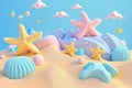 3D beach scene background with starfish and seashells. Plasticine clay dough illustration for kids Royalty Free Stock Photo