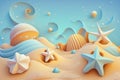 3D beach scene background with starfish and seashells. Plasticine clay dough illustration for kids Royalty Free Stock Photo