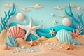 3D beach scene background with starfish and seashells. Plasticine clay dough illustration for kids Royalty Free Stock Photo