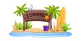 3D beach sign post, board vacation summer travel vector frame, exotic star fish, sand castle, gull. Royalty Free Stock Photo